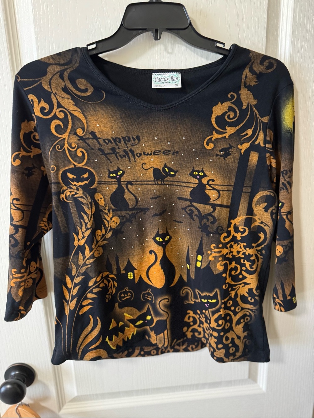 Cactus Bay Apparel Halloween Black Cat Graphic Top XL Vintage Vibe 3/4 Sleeve